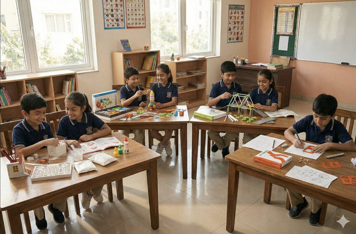 School children building with CreatoFit kits at their desks