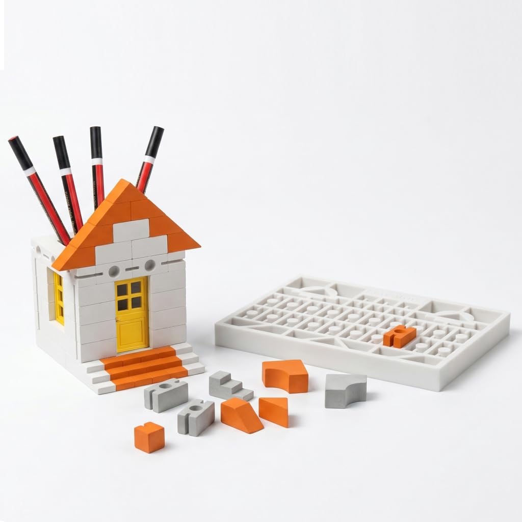 Plaster brick house pencil stand with casting mould and bricks
