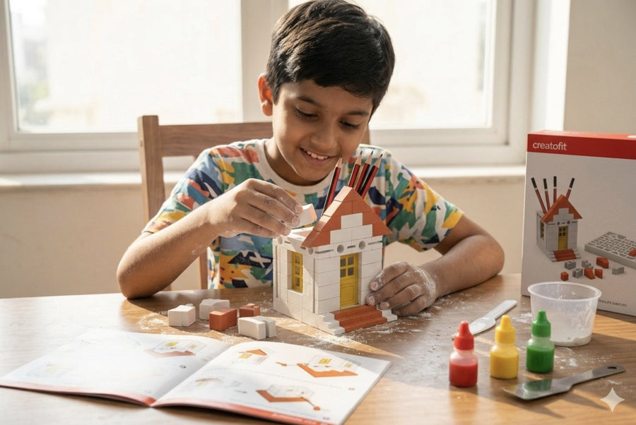 A smiling boy building a plaster brick house pencil stand