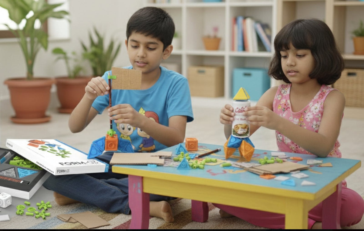 Brother and sister building a rocket from FORM pieces