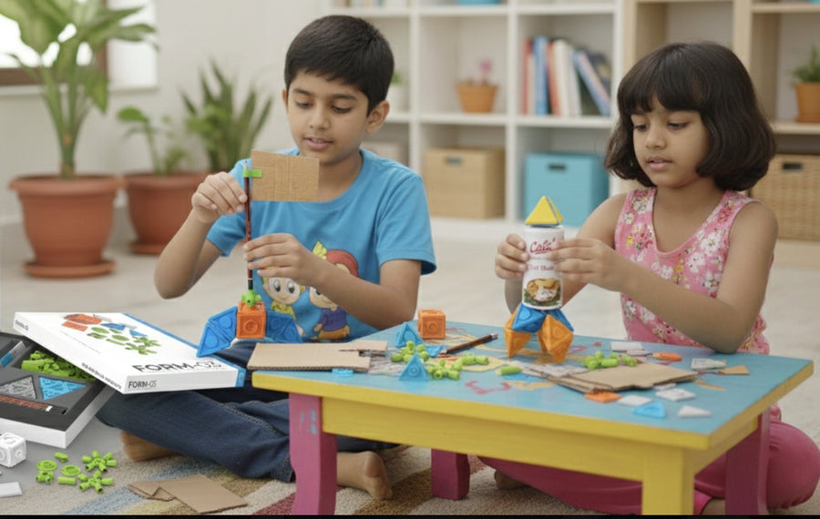 A brother and sister building a rocket from FORM pieces