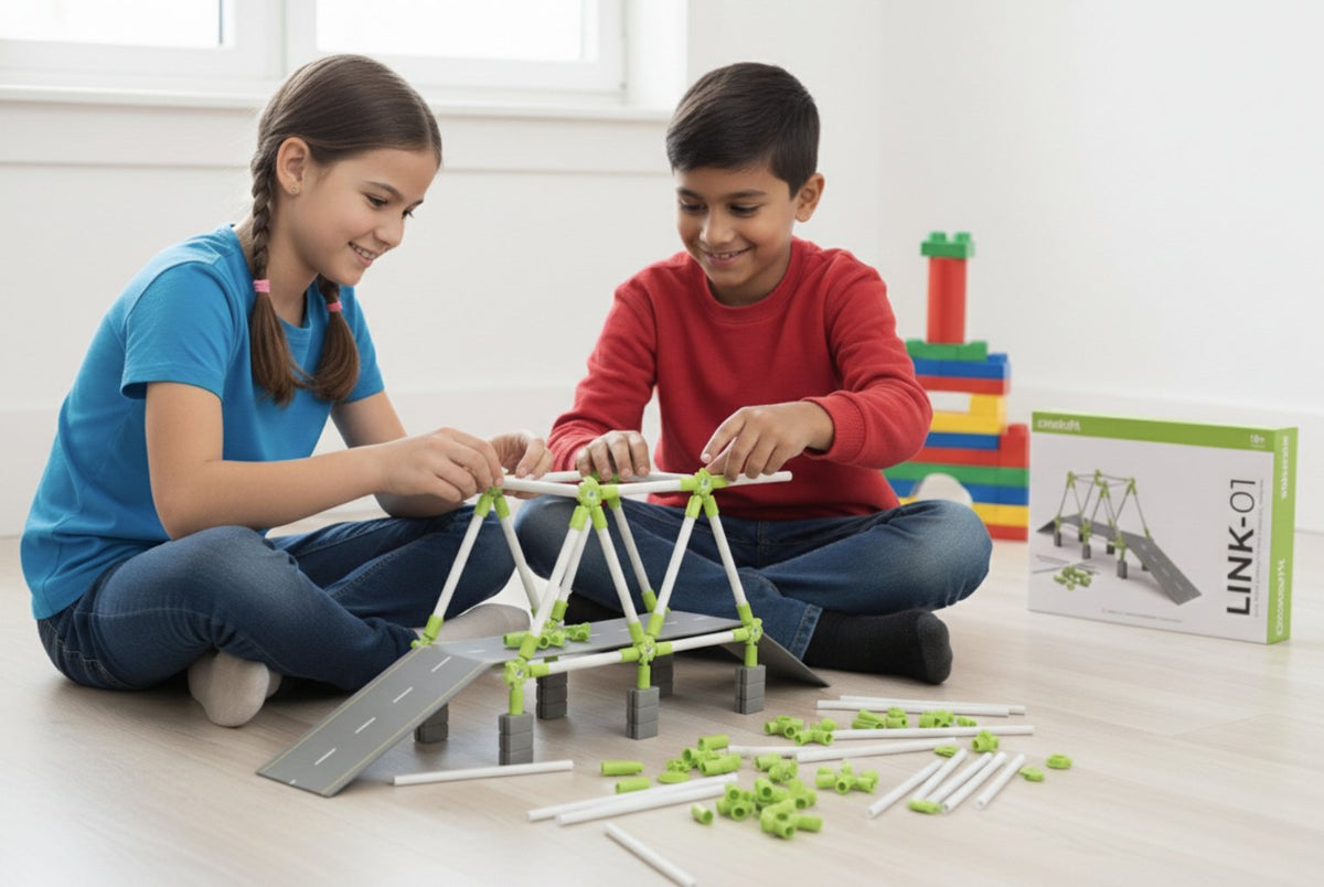 Two kids building a truss bridge with LINK