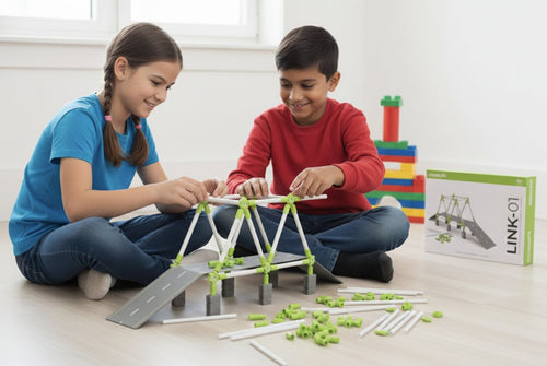 Two kids building a truss bridge with LINK