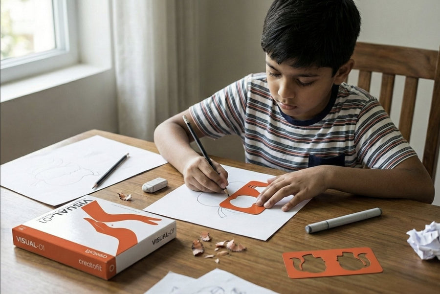 A boy tracing a figure and ground design with a VISUAL-01 stencil
