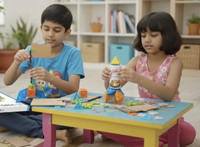 Brother and sister building a rocket with FORM pieces