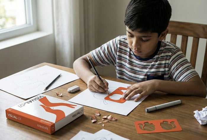 A boy tracing a VISUAL-01 stencil at a table
